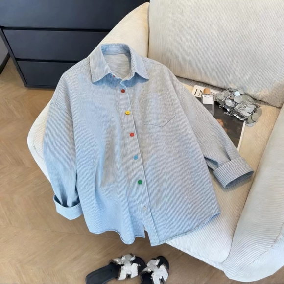 None Tops - Light Blue Stripe Rainbow Button Shirt